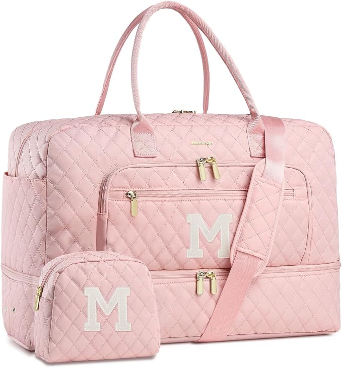 Initial Travel Duffle Bag for Women - Pink Personalized Weekender bags Overnight Bag with Shoe Compartment & Wet Pocket Weekend Tote Bags with Toiletry Bag Monogram Xmas Gifts (Letter M)