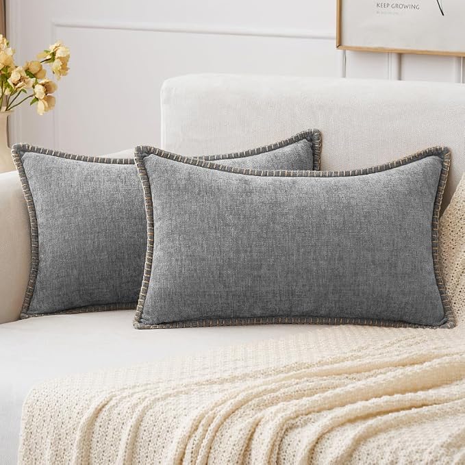 MIULEE Decorative Lumbar Throw Pillow Covers 12x20 Inch Dark Gray 2 Pack | Farmhouse Pillow Covers with Stitched Edge, Soft Chenille Cushion Cases, for Couch Sofa Bed Living Room Home Decor
