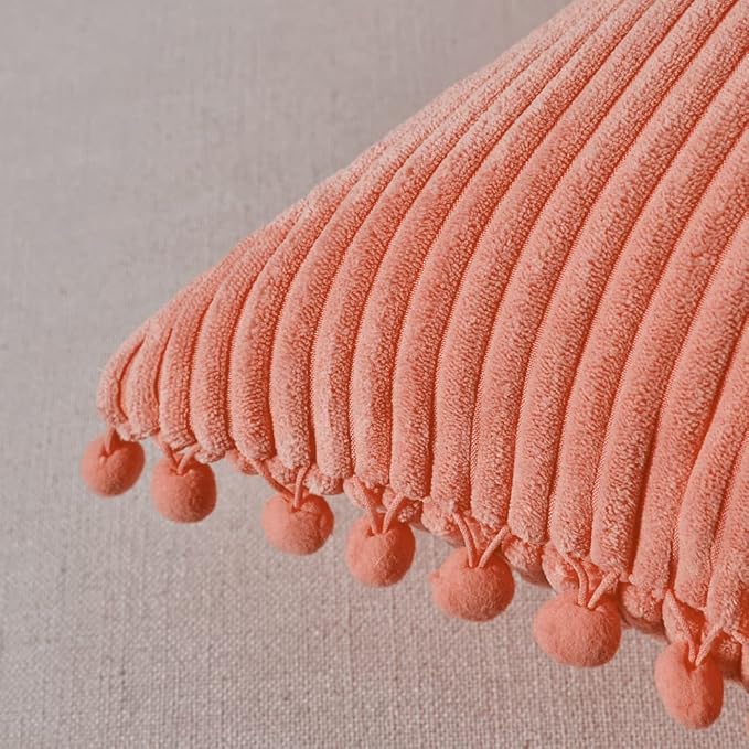 Fancy Homi Pack of 2 Coral Decorative Throw Pillow Covers 12x24 Inch with Pom-poms for Living Room Couch Bedroom, Soft Corduroy Peach Solid Lumbar Cushion Case 30x60 cm, Rustic Farmhouse Home Decor