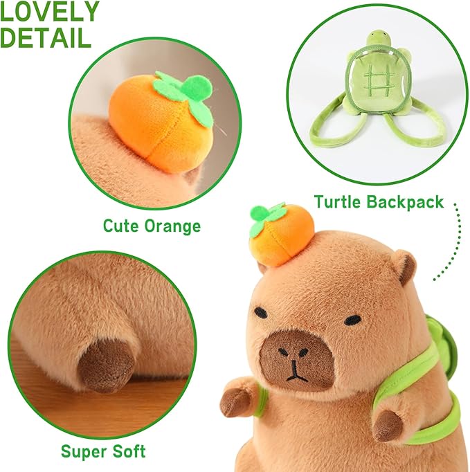 Ditucu Cute Orange Capybara Plush Pillow with Turtle Backpack Stuffed Animal Capibara Plushies Toys Gifts for Kids Brown 11 inch