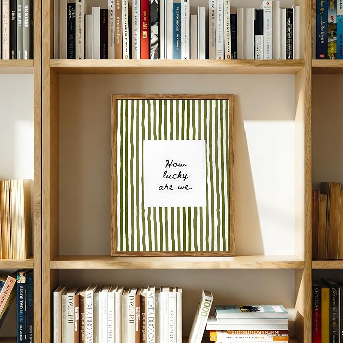 Framed How Lucky Are We Wall Art, Green Striped Pictures Wall Decor, Trendy Inspirational Quote Paintings Canvas Prints Preppy Home Decor for Living Room Bedroom Office Dorm 16x24 inch