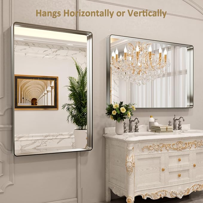 LOAAO 55X36 Inch Brushed Nickel Bathroom Mirror | Rounded Rectangle, Silver Metal Frame, Anti-Rust, Tempered Glass, Hangs Horizontally or Vertically
