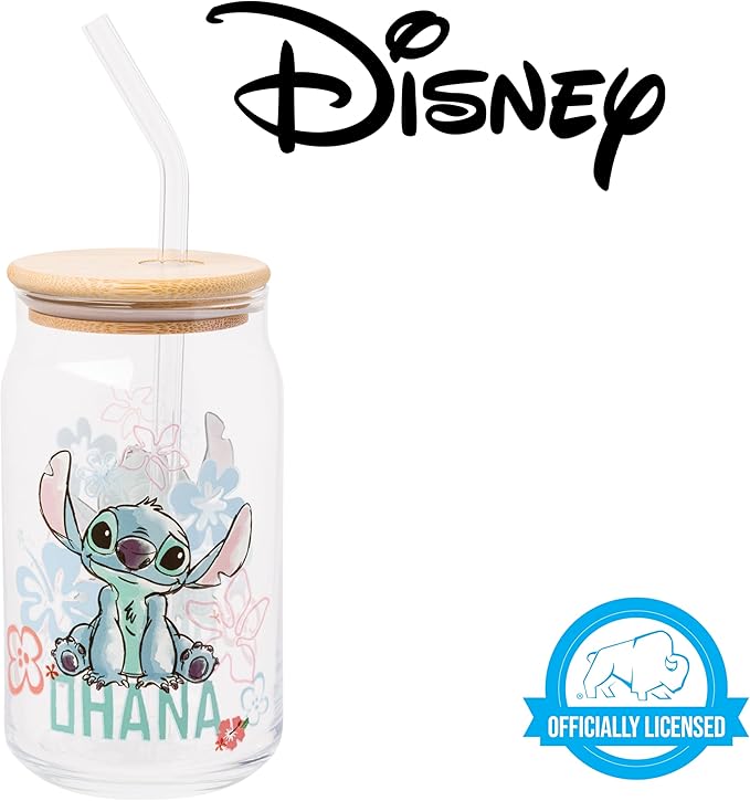 Silver Buffalo Disney Lilo and Stitch Ohana Floral Glass Jar Tumbler with Bamboo Lid and Glass Straw, 16 Ounces (Pack of 12)