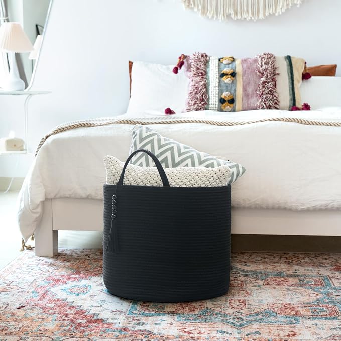 Mkono Woven Storage Basket for Blanket, Toys Plant Organizer, 16"W x 13.8"L | Black, Cotton, Decorative Basket with Handle, Wood Beads Tassel, Shoes Clothes Storage Bin, Living Room Bedroom Nursery