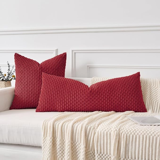 Kevin Textile Soft Corduroy 14"x36" Lumbar Pillow Cover 1 Pack, Burgundy | Boho Stripe Plush Corduroy Decorative Oblong Cushion Cover Modern Farmhouse Home Decor for Sofa Couch Bed Chair