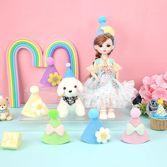 12pcs Mini Party Hats for Stuffed Animals, Macaroon Hats with Pom Pons for Dolls Dog Cat Rabbit Puppies Assorted Animal Birthday Decorations
