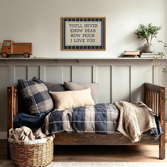 Framed You'll Never Know Dear How Much I Love You Wall Art, Vintage Nursery Blue Striped Pictures Wall Decor, Inspirational Quote Paintings Canvas Prints for Baby Boy Bedroom Living Room 16x24 inch