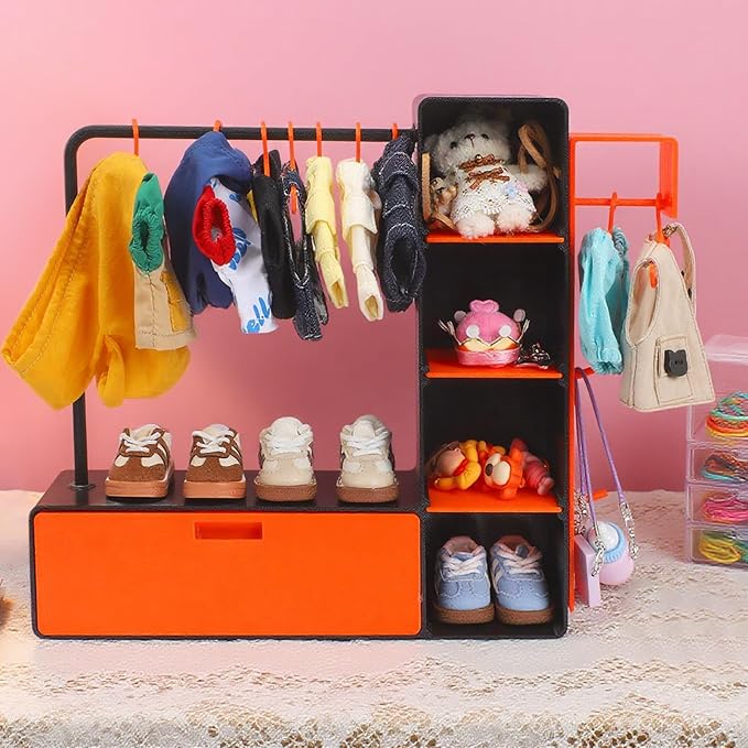 Doll Clothes Closet with 10 Hangers & Rod- Stackable Organizer Cabinet for 15/17cm Doll Clothes Doll Accessories Display Box, Clothes Storage for Figures, Portable Storage for Fashion