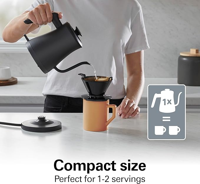 Hamilton Beach Compact 20 oz. / 0.6 Liter Gooseneck Electric Kettle for Boiling Water, Pour Over Coffee, Tea, 1200 Watts, Stainless Steel BPA-Free Interior, Black (41046)
