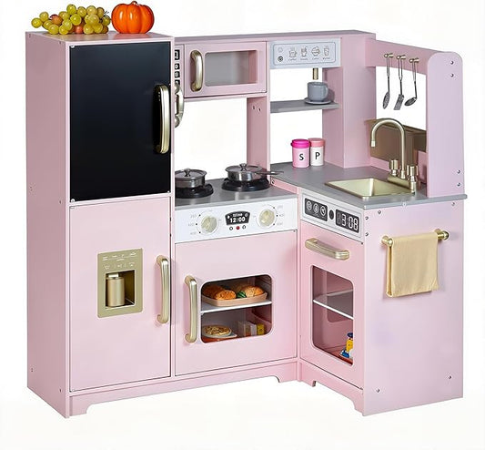 Play Corner Kitchen, Ultimate Interactive Wooden Kids Playset with Light, Light, Montessori Pretend Play Toys, Kids Cooking Playset for Girls & Boys Ages 3+(Pink)