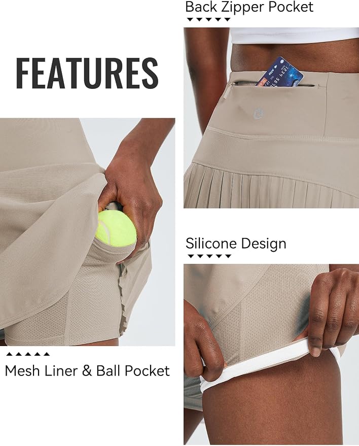 baleaf Tennis Skirt Pleated Golf Skorts with 3 Pockets | 14", Built in Shorts, High Waisted, Anti-slip Strip, Lightweight, for Athletic, Workout, Pickleball, Skorts for Women