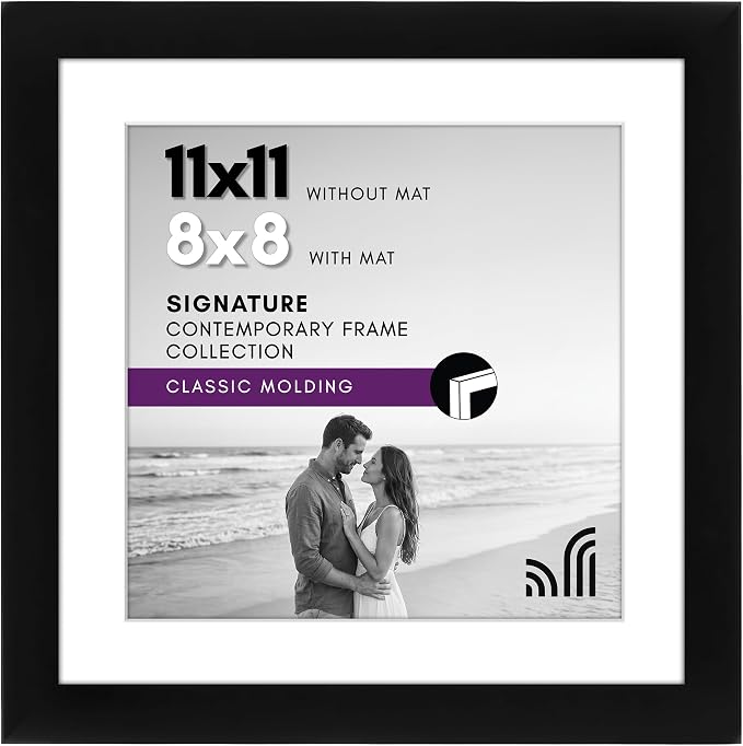 Americanflat 11x11 Picture Frame with Shatter-Resistant Glass - Use as 8x8 Frame with Mat or Display 11x11 Photo Without Mat - Signature Collection - Square Frames for Wall Display - Black | Shatter-resistant glass, sawtooth hangers included, use with ...
