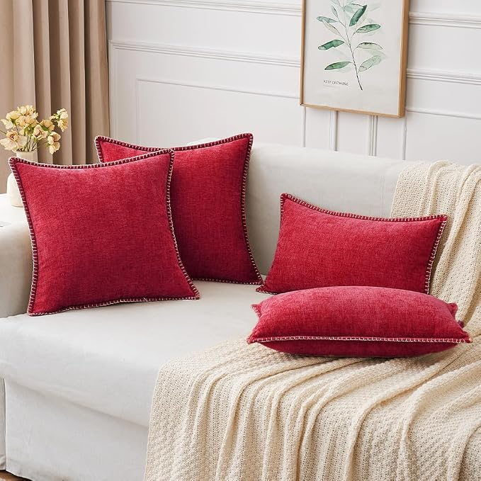 MIULEE Decorative Couch Throw Pillow Covers 18x18 Inch Red 2 Pack | Summer Farmhouse Pillow Covers with Stitched Edge, Soft Chenille Cushion Cases, for Sofa Bed Living Room Home Decor