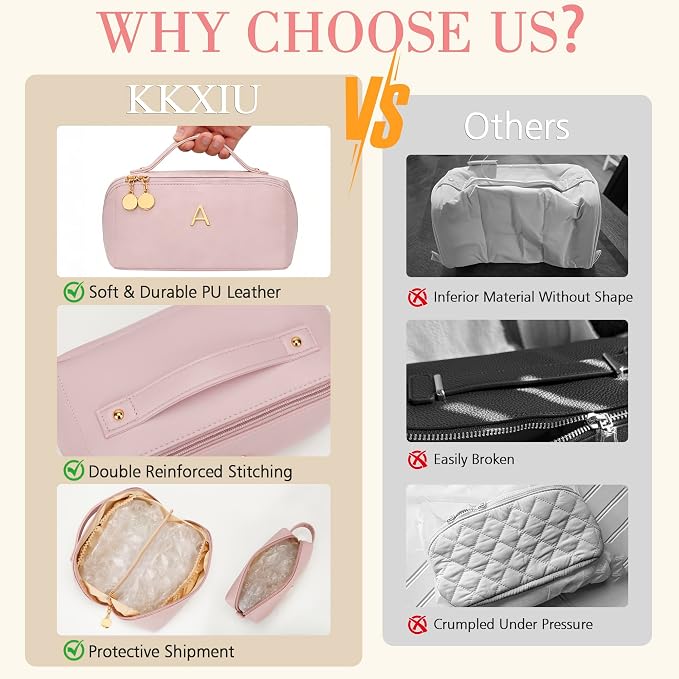 KKXIU Initial Makeup Bag for Women - Personalized Makeup Bag Gifts for Women, Travel Toiletry Bag with PU Leather, Open Flat Design with Top Handle, Cosmetic Bag Set with Multi-Pocket (Pink,A)