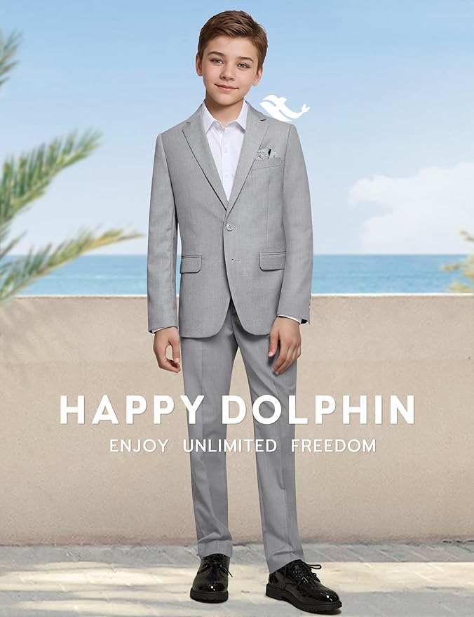 Happy Dolphin Boys Suit Set Modern Fit Kids Suits Adjustable Waist Boys Wedding Outfit for Boy Communion Suits for Boys