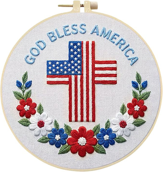 Embroidery Kit for Beginners Adults 250th Anniversary 11.4 * 11.4inch Stamped Cross Stitch Kits Needlepoint Starter Set with Embroidery Hoop, Color Threads, Needles and Instructions, Stitches Kit
