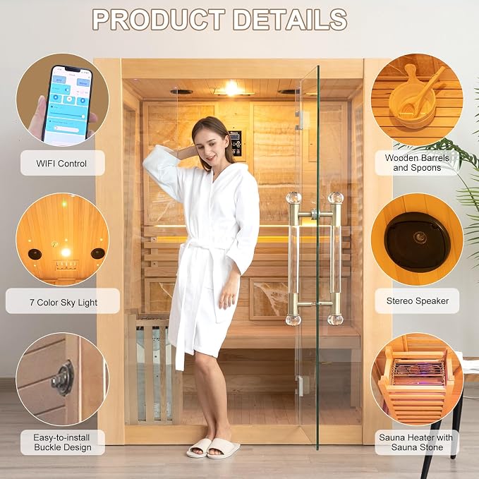 Smartmak Wood Home Steam Sauna, WiFi Control 3 Person Canadian Hemlock Traditional Luxurious Wooden Indoor Spa Room, with 4.5 kw Harvia Stove, Speaker, Rocks, Water Bucket, Spoon, Sky Lights