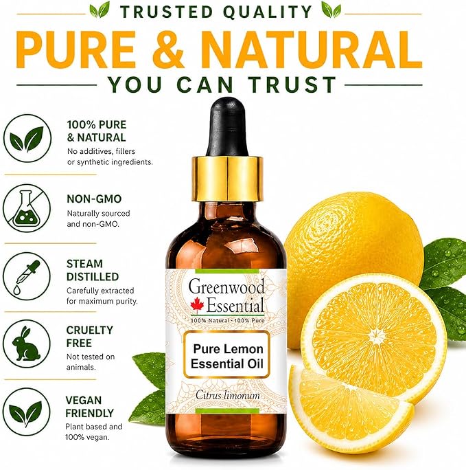Greenwood Essential Pure Lemon Essential Oil (Citrus limonum) with Glass Dropper Steam Distilled 5ml (0.16 oz)