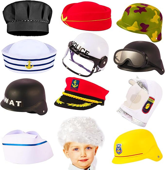 12PCS Pretend Career Hats, Dress Up Role Play Hats, Wigs, Helmets for Kids, Halloween Costume Role Play Dressup Set Police, Builder, SWAT, Army, Soldier, Lawyer, Astronaut, Captain, Chef, Nurse etc.