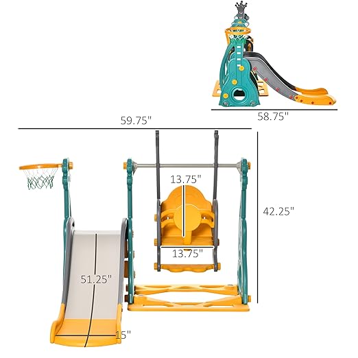 Qaba 4 in 1 Toddler Swing and Slide Set, Kids Slide for Aged 1.5-3 with Climber, Ultra-Safety, Basketball Hoop, Baby Playground Set, Fun Indoor/Outdoor Playset Exercise Toy