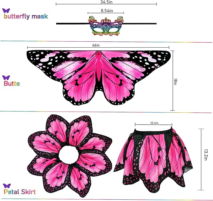 Kids Butterfly Wings Costume for Girls Fairy-Wings Mask Party Favors Gifts (Pink+skirt sets)