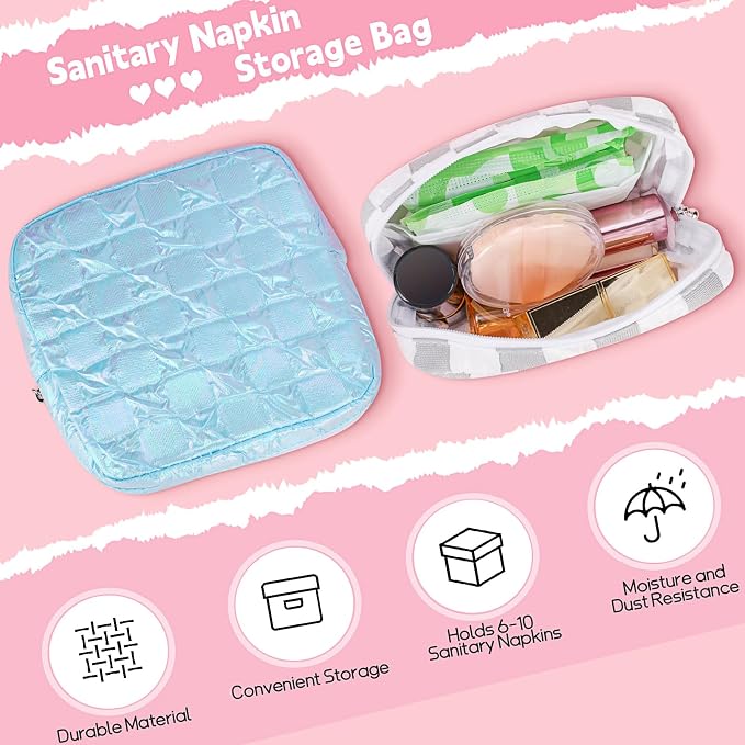 Sanitary Napkin Storage Bag Polyester Fabric Period Bag for Teen Girls Sanitary Pad Pouch for Sanitary Napkins/Tampons/Panty Liners Privacy Protector Pad Bag (Bubble-Check, Pink)