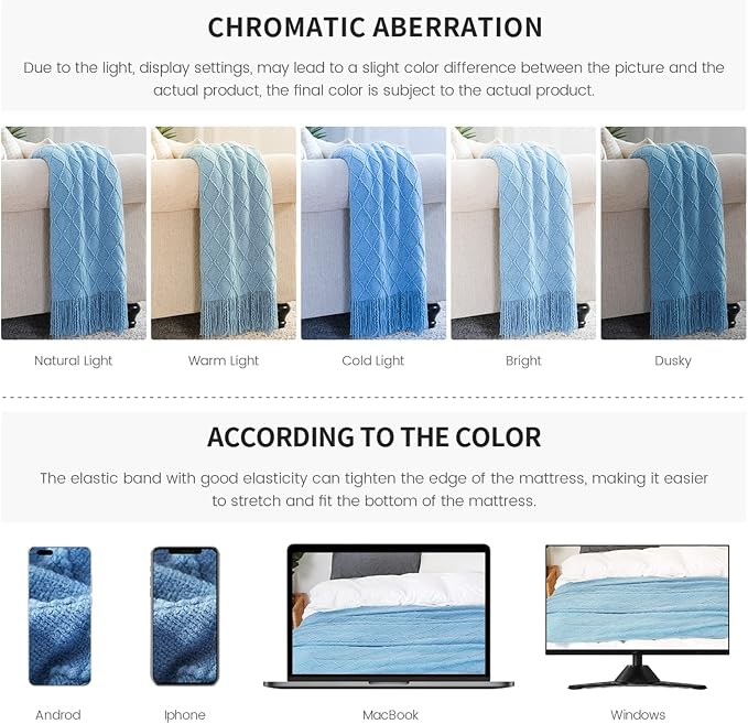 BOURINA Blue Throw Blanket 50x60 Inch Boho Knitted Soft Throw Sofa Blanket | Knitted Throw Blanket 50x60 Inches, Soft Lightweight Boho Weave Throw Decorative Couch Blanket for Living Room Bedroom Chair