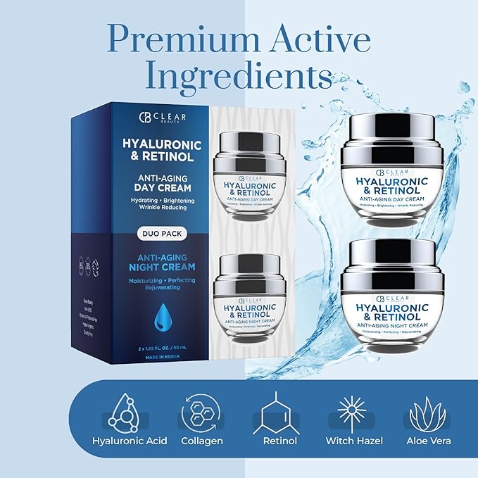 Clear Beauty Hyaluronic Acid & Retinol Face Moisturizer - Dermatologist Tested, Anti Aging, Korean Skin Care – Day And Night Hydration, Smooths Fine Lines, Firms Skin – Vegan, Clean – Duo Pack