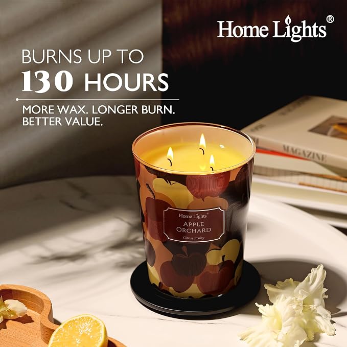 HomeLights Large jar Candle | 3-Wick Long-Lasting Scented Candles, 34oz Natural Soy Wax Candle for Home Scented, Eclectic Mixed Styles Gifts for Women & Men, Apple Orchard