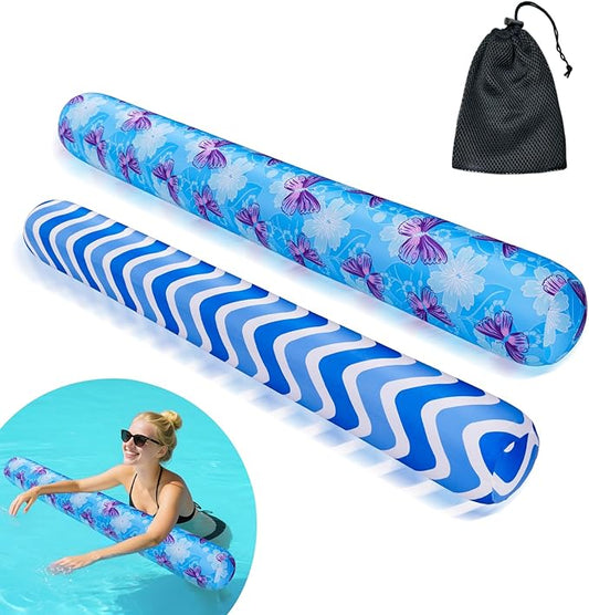 Inflatable Swimming Pool Noodle, 2 Pack Soft Fabric Quick Drying Covered Large Pool Floats Noodles, Premium Buoyancy Swim PoolFloats with Portable Storage Bag for Pool Party Toy