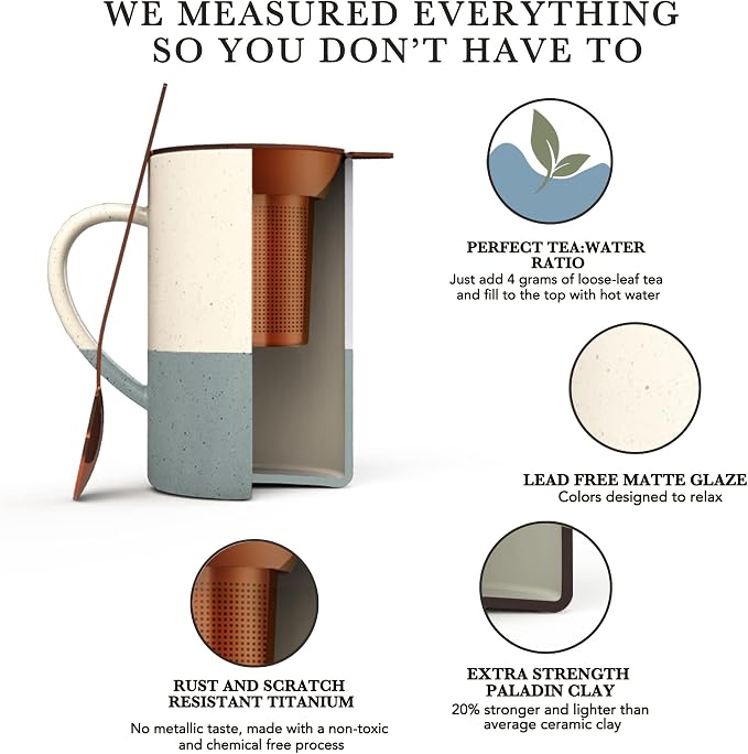 Mora Ceramics Tea Cup with Loose Leaf Infuser, Spoon and Lid, 12 oz, Microwave and Dishwasher Safe Coffee Mug - Rustic Matte Ceramic Glaze, Modern Herbal Tea Strainer - Great Gift for Women, Flint
