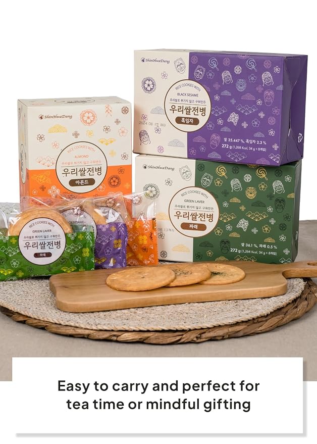 Korean Food Shinwhadang Rice Wafer Snacks, Seaweed Flavor, Crispy, 6Pk | Oven-baked Korean rice crackers with green laver seaweed flavor and a light, crispy texture