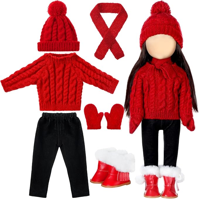6 pcs Christmas 18 Inch Doll Clothes and Accessories Winter Outfits Set with Sweaters Trousers Hats Shoes Gloves Scarfs for 18 Inch Doll (Red)