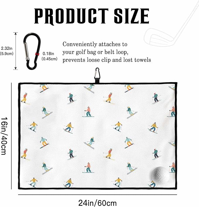Skiing Golf Towel with Clip, Winter Snow Ski Sports Cartoon Boys Girls Skier Large Microfiber Women Men Sports Work Out Disc Golf Bag Towel for Yoga, Gym, Fitness, Swimming Towels Accessory