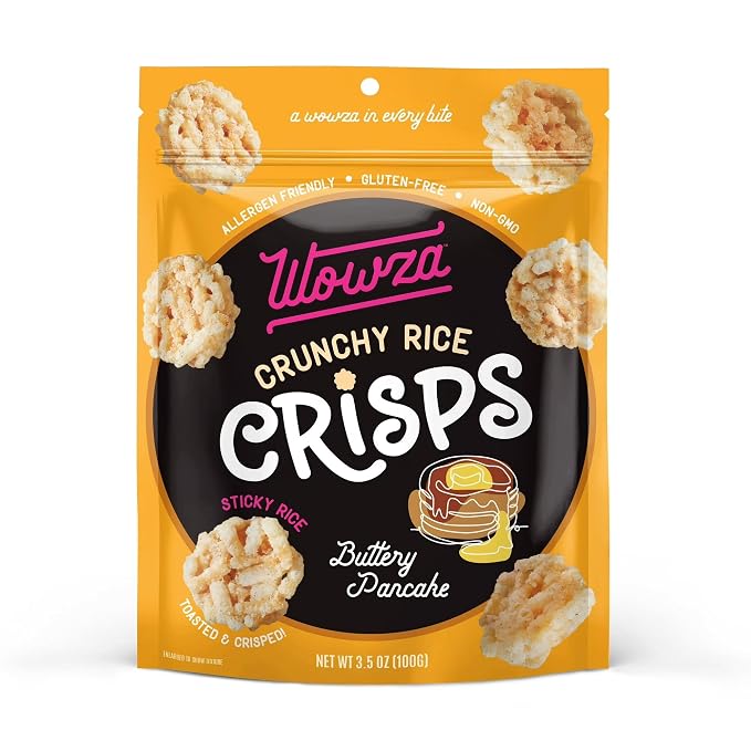 Wowza Buttery Pancake Crunchy Rice Crisps | Gluten Free, Non-GMO, 8 Pack | Sweet dessert flavor, Healthy chip alternative, Kid-friendly, 3.5 oz bags, No artificial flavors Satisfying