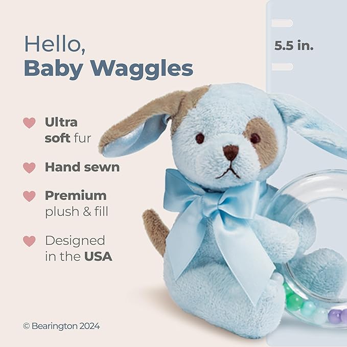 Bearington Baby Waggles Plush Stuffed Animal Blue Puppy Dog Shaker Toy Ring Rattle - 5.5 in Baby Plush Toys - Stuffed Animals for Newborns