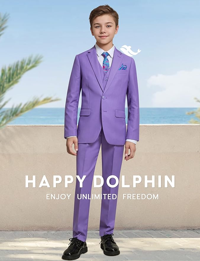 Happy Dolphin Boys Suit Set Modern Fit Kids Suits Adjustable Waist Boys Wedding Outfit for Boy Communion Suits for Boys