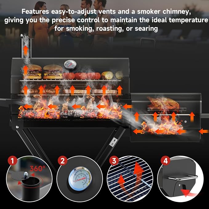 Portable Charcoal Grill with Smoking Function, Foldable Suitcase Design with Wheels, Multi-Tier Storage Rack & Waterproof Cover for Outdoor BBQ Parties (Black)