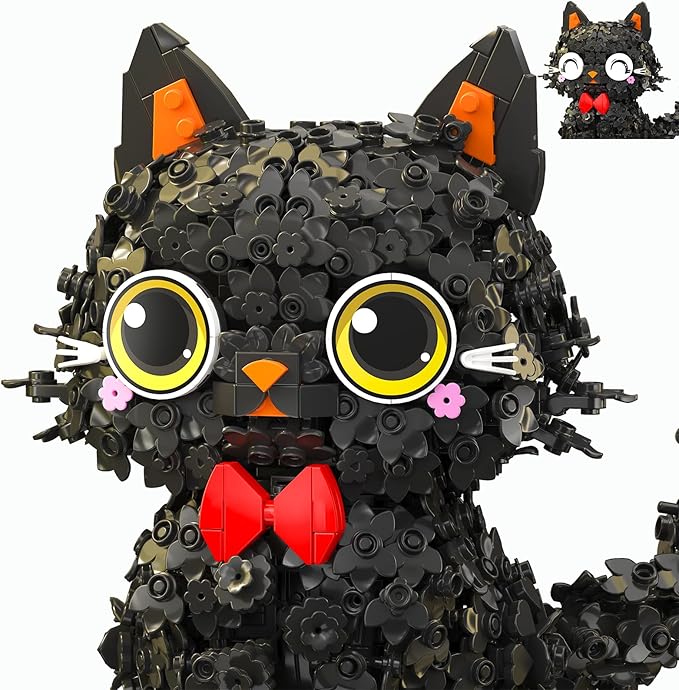 Black Cat Mini Brick Set | Creative Flower Blossom Puss Building Toy for Adults & Kids | Cute Animal Model Desk Decoration Gift (1651pcs)