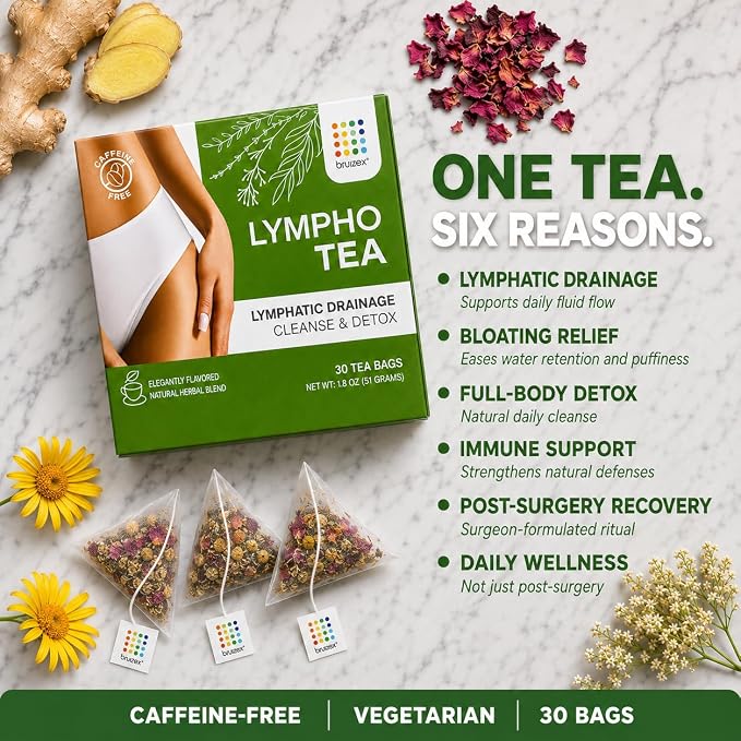 Bruizex Lymphatic Cleanse & Detox Herbal Tea- Lymphatic Drainage & Bloating Relief | Water Retention | Ginger Blend for Post Surgery Recovery | Liposuction, Tummy Tuck, Lipedema & Lymphedema- 30-Pack