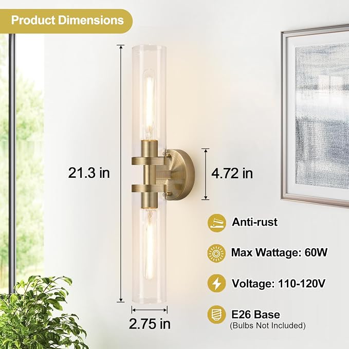 Wall Sconces Set of Two, Hardwired Brass Bathroom Sconces Wall Lighting with Clear Glass, Modern Sconces Wall Decor Set of 2 Vanity Light fixtures for Bathroom Mirror Bedroom (Bulbs Not Included)