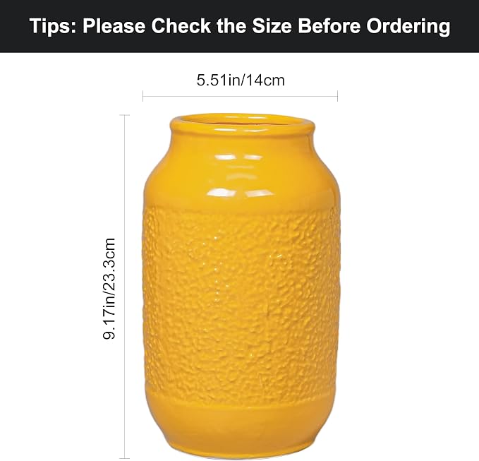 9 Inch Yellow Ceramic Vase for Flowers - Textured Mustard Round Cylinder Flower Vase - Modern Decorative Pottery - Boho Home Decor Centerpiece for Table, Bookshelf, Mantle, Fall Decoration