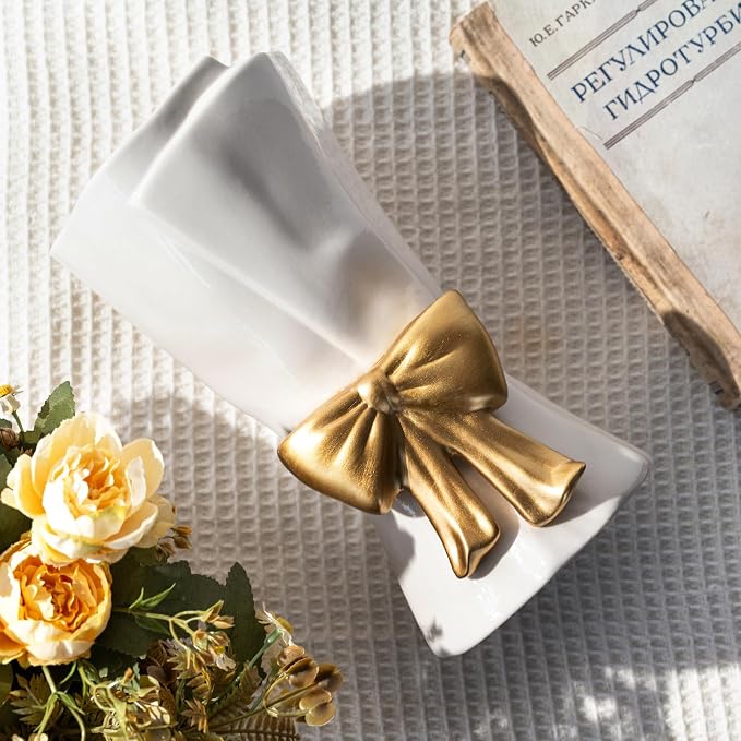 Relexome Fully Glazed White Ceramic Gold Bow Vase 9.64 in Unique Cute Modern Decorative Bouquet Flower Vases for Home Living Room Table Mother's Day Decor Women Gifts
