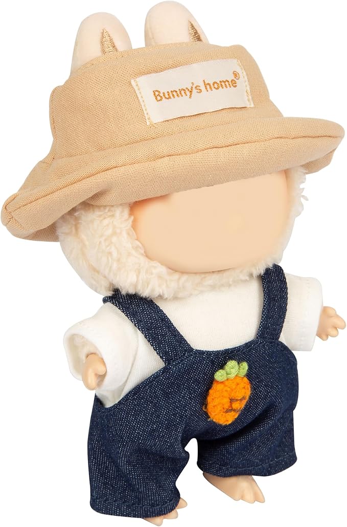 3-Piece Doll Clothes for Labubu & 17cm Dolls – Stylish Fisherman Hat Set, Kawaii Doll Outfits with Accessories for Collectors or Display - Navy Carrot (No Dolls)