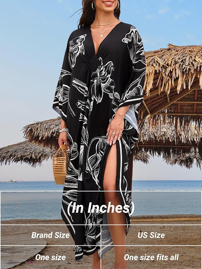 ChiaoLezhee Print Moo-Moos for Women, Kaftan Cover-Up Dresses, Sexy V-Neck High-Slit, Beach Pool-Party Coverups Muumuu Plus