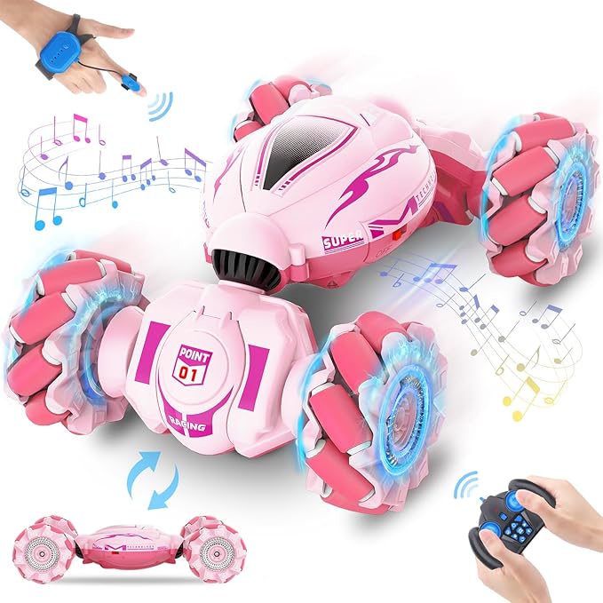 Pink RC Car Toys for Girls Aged 6-12, Gesture Sensing RC Stunt Cars with Lights Music for Girl Birthday Xmas Gifts, 2.4GHz 4WD Pink Remote Control Toy Double-Side Flip 360° All-Round Rotation