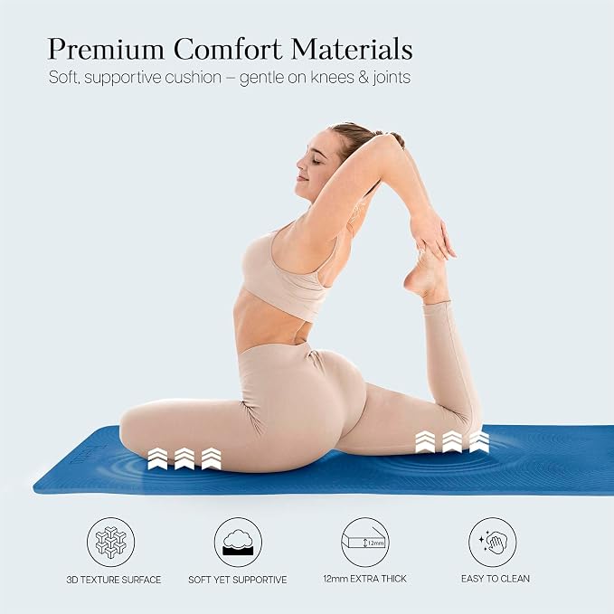 Extra Thick 12mm Exercise Mat – 74"L x 26"W Inch, Non-Slip, Joint-Friendly & Cushioned Fitness Mat for Yoga, Pilates & Floor Workouts – Durable, Supportive & Includes Feetlu Classic Strap