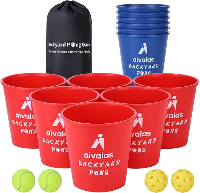 Aivalas Yard Pong Outdoor Games, Giant Yard Games Set with 12 Buckets and Balls for Adults and Family, Toss Game Throwing Games for Beach, Camping, Lawn and Backyard
