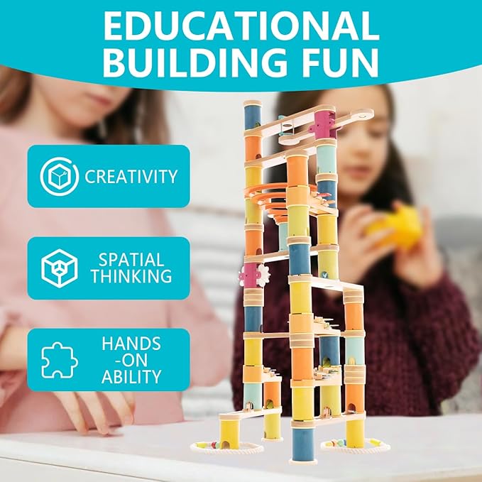 Marble Runs Building Toy 146pcs, Bamboo Construction Toy Set with Ball, Simple Maze Toy with Music Suitable for Age 4+ Children