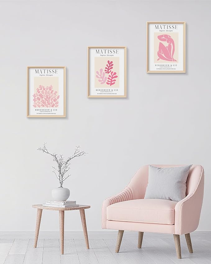 Matisse Pink Framed Wall Art Set of 3, Abstract Canvas Prints | 12x16in High-Framed Design, Matisse-Inspired Artwork, Pink Minimalist Wall Decor for Living Room Bedroom Bathroom